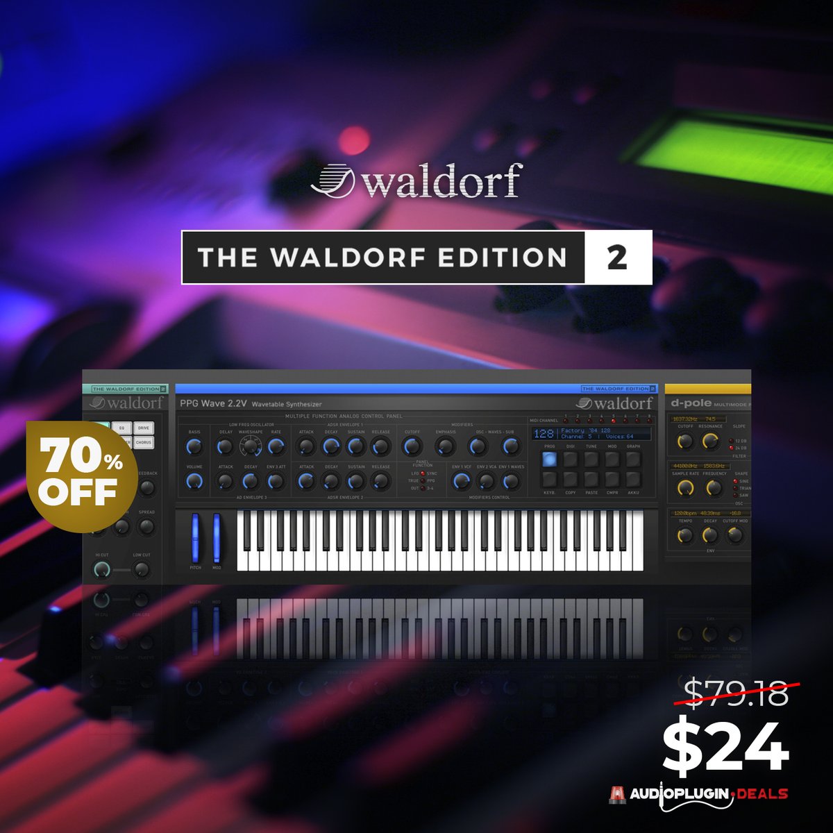 audioplugdeals's tweet photo. For just $24 (instead of $79.18), get the #Waldorf Edition 2 #Plugin Suite featuring 3 masterpieces: PPG Wave 2.2V, Attack, and D-Pole! #vstdeals https://t.co/NC5OJf7qi4 https://t.co/Zmq7R6p1TZ