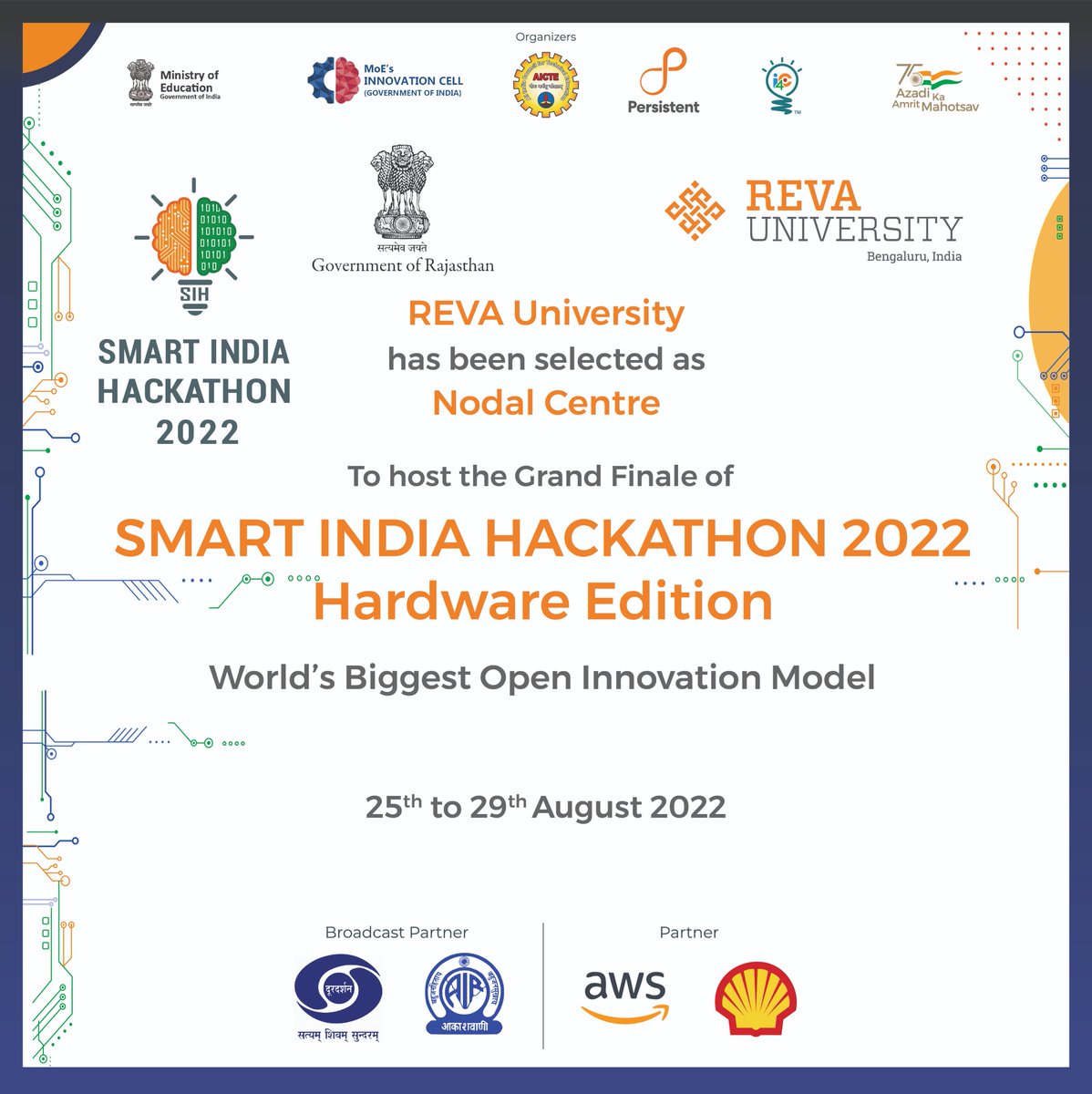 REVAUniversity's tweet photo. REVA University is proud to host the grand finale of the Smart India #Hackathon2022 at the campus from August 25 to 29. See you at the event!
.
.
#smartindiahackathon2022 #sih2022
#AmritMahotsav #Hackathon #REVAuniversity #Hardware #Students #Innovation #Technology https://t.co/c0xuuQmCvM