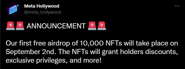 blocksolfi's tweet photo. Meta Hollywood, a Hollywood-themed metaverse co-created by Animoca Brands and Planet Hollywood, announced that it will airdrop 10,000 NFTs for free on September 2nd.
#MetaHollywood #Hollywood #NFTs #nftAirdrops https://t.co/K8HR7Sw2KI