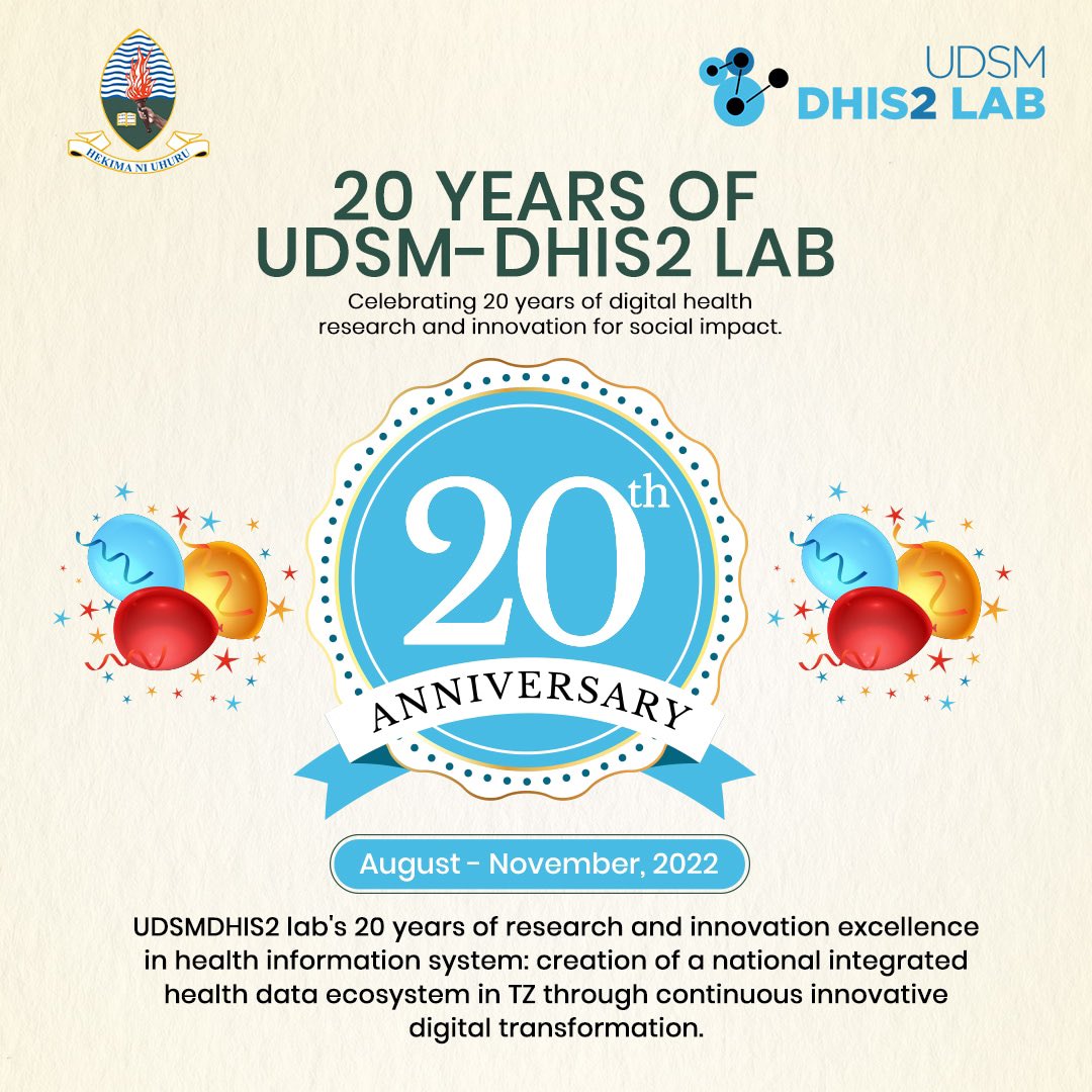udsmdhis2lab's tweet photo. We will be working with our  partners and stakeholders in different  programs from August to November 2022 to celebrate our 20th year anniversary. Stay tuned !!!! #20YearsOfUDSMDHIS2LAB https://t.co/dIf2QcQJ6n