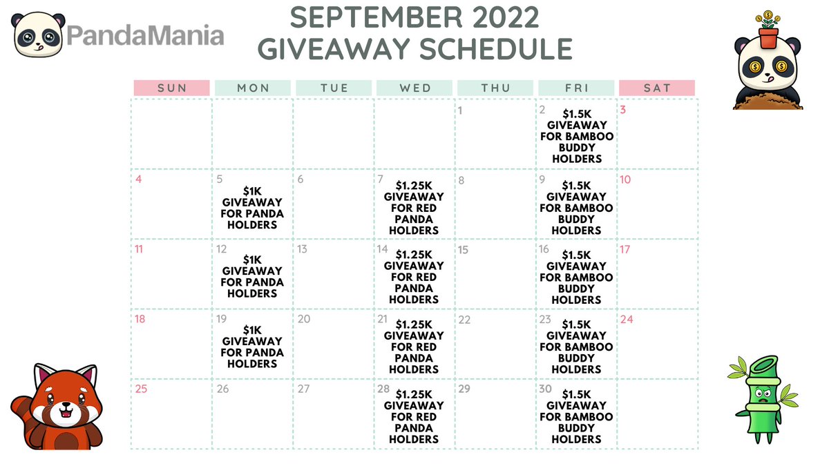 PandaMania_NFT's tweet photo. ❤️,RT deal &amp; TAG 3 FOR CHANCE at $50 in ETH🎉

Mark your CALENDARS for over $15k in SEPTEMBER!

Load up on some Pandas, Red Panda Pals, &amp; Bamboo Buddies. Each NFT is an entry in each category!

Who's ready?!

https://t.co/nQDqlzBrEh
https://t.co/kF9ItPxI8U
https://t.co/5GciZ9Y1LB https://t.co/TtkDY3RCci