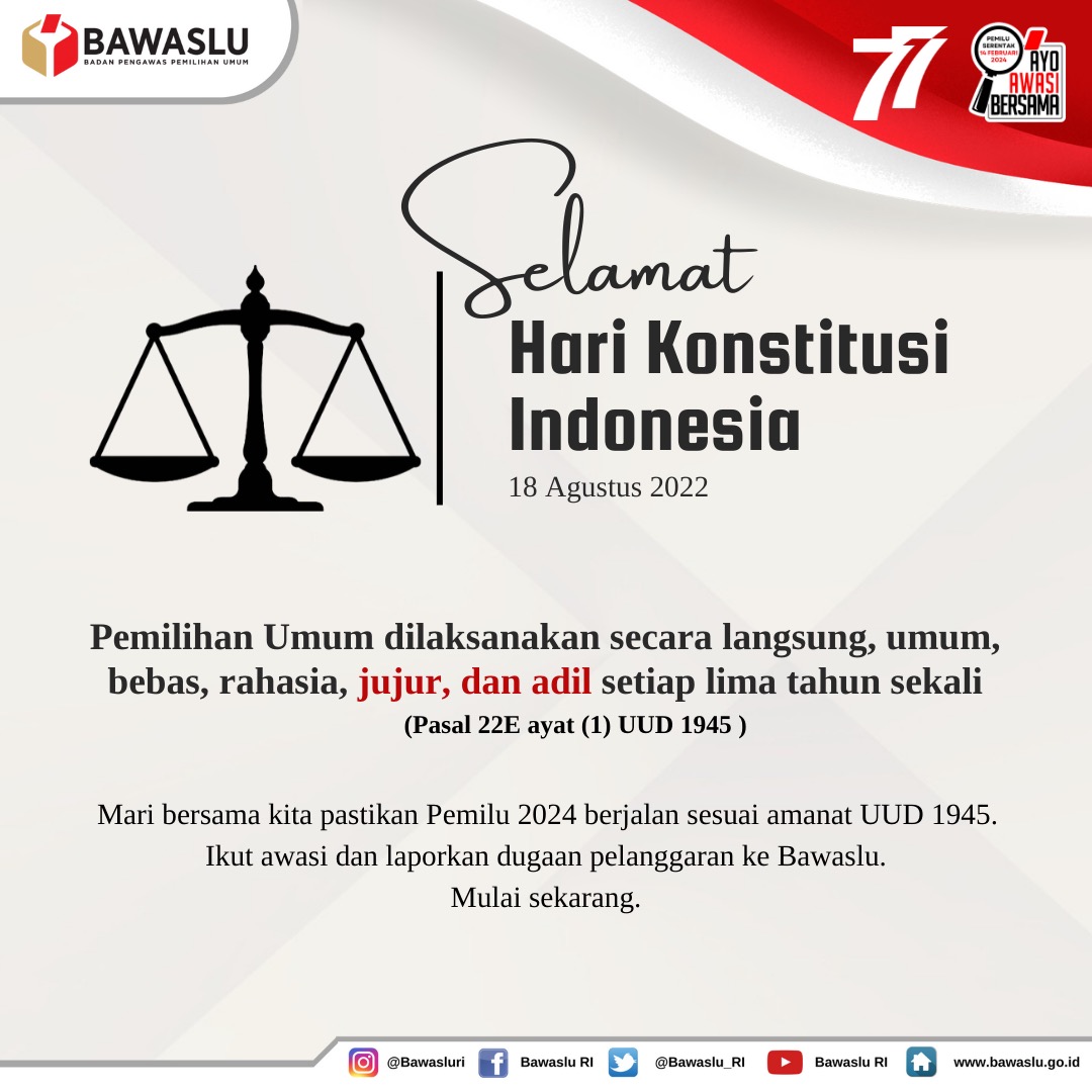 bawaslu_RI's tweet photo. #SahabatBawaslu, tahu/gak, kalau setiap tanggal 18 Agustus diperingati sebagai Hari Konstitusi Indonesia. Hari Konstitusi merupakan momen bersejarah dalam pembentukan sistem ketatanegaraan Indonesia, termasuk UUD 1945 yang dijadikan sebagai dasar hukum Indonesia. https://t.co/0STsui4F2V