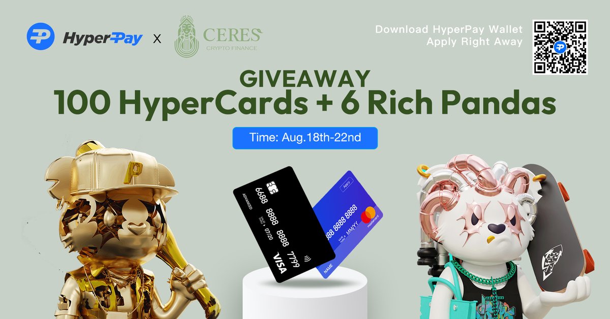 Hpx_Official's tweet photo. 🪘#HYPERCARD &amp; @CeresDAO #GIVEAWAY START NOW!😍

🏆Prize pool: 100 HyperCard Virtual &amp; 6 #RichPandas to lucky winners, first come first served!
 
🕐Time: August 18th-22nd
 
Complete tasks in Gleam form to win! 👇
https://t.co/dkFtARwREr

#Cryptocard #BTC #ETH #DEX #NFTGiveaways https://t.co/zwJ49zvS4g