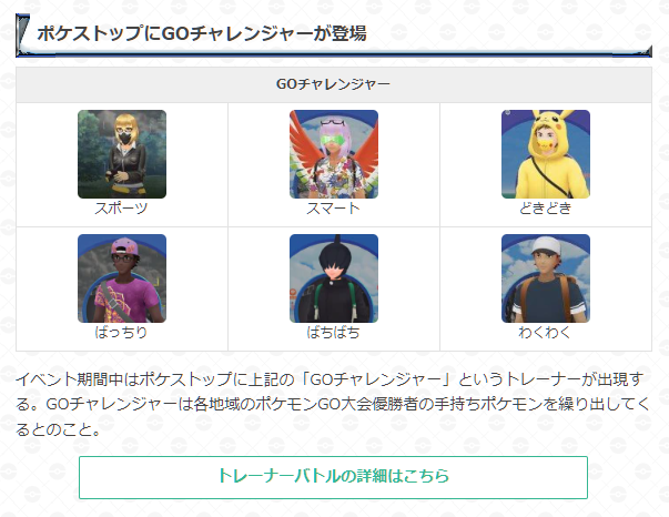 ポケモンgo攻略 Gamewith Goチャレンジャーについて トレーナーは6種類 使用ポケモンはcp3500以上 ボックス満杯だと戦えない 手持ちはスーパーリーグで活躍するポケモン中心 Goチャレンジャーはwcs22イベント期間中ポケストップに登場します