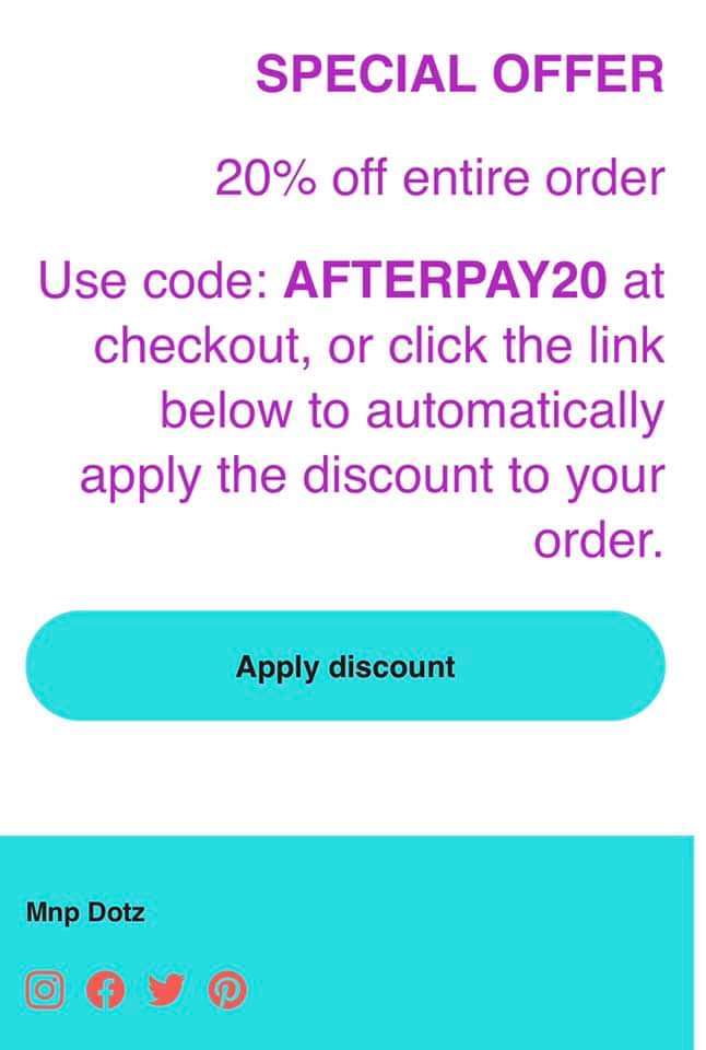 MnpDotz's tweet photo. Afterpay day offer👇👇
Get 20%off when you pay by afterpay from 18th-21st August 2022...
use code👉 afterpay20
Shop : 7 high st wauchope 
Online: https://t.co/fAWYKj83Ff https://t.co/UR5Dj8oC5P
