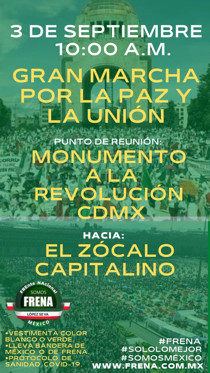 México vive la peor crisis de Seguridad y Terrorismo en su historia. 

Días de TRAGEDIA.

La prioridad de FRENA es sumarse al llamado de millones de MEXICANOS.

Convocamos Septiembre 3.

Gran Marcha por La Paz y Unión. 

FRENA pospone diálogo por Un México Nuevo.

#Marcha903Paz