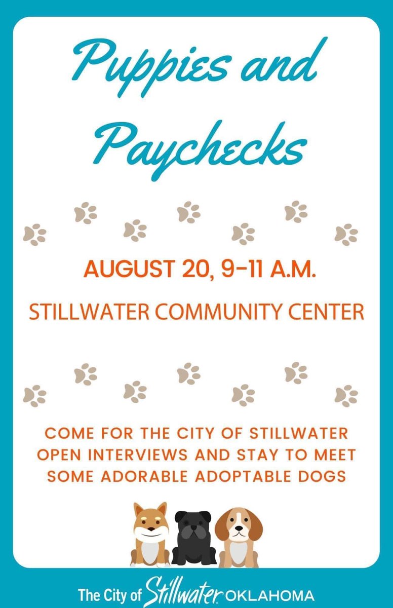 StillwaterOKgov's tweet photo. We hope you’ll join us for this unique and fun hiring opportunity! Many thanks to Human Resources and Animal Welfare for teaming up to offer this event. 🐶💵 #SWO #WorkSWO https://t.co/FDK3H3FaCG