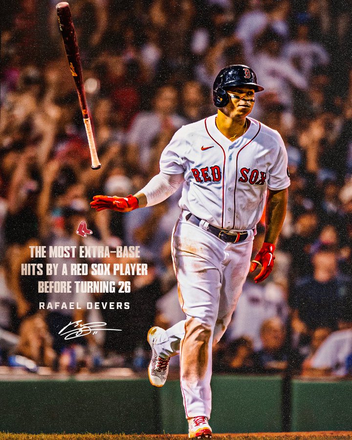 Image of Rafael Devers with text overlaid that reads: "The most extra-base hits by a Red Sox player before turning 26 - Rafael Devers".