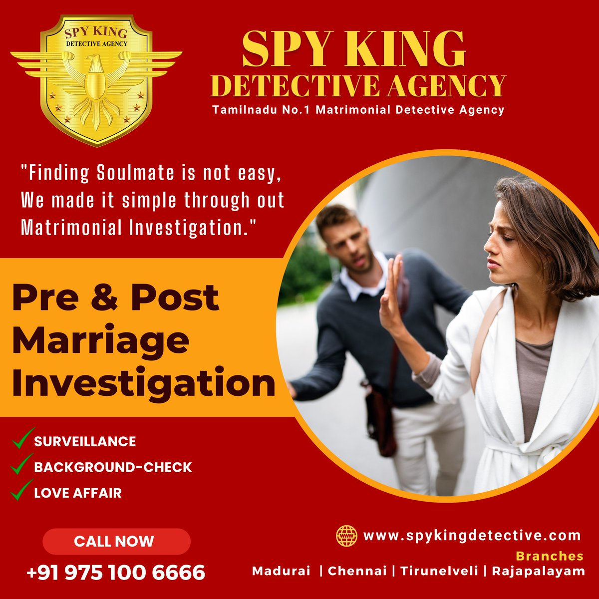 SpyKingIndia's tweet photo. "Finding Soulmate is not easy, We made it simple through out
Matrimonial Investigation."

Tamilnadu No.1 Best Detective Agency - Pre &amp; Post Marriage Investigation.

For further enquiry / Consultation +91 975 100 6666

#detectiveagency #bestmatrimonial #spyking #no1detective https://t.co/B09tRcd3tD