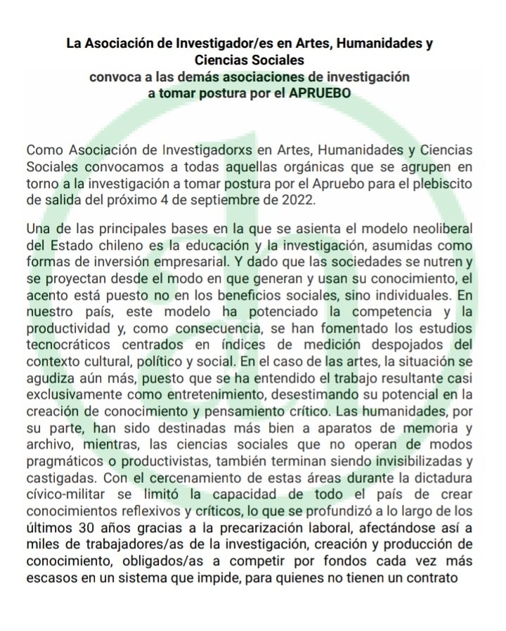 InvesAyH's tweet image. 📣 ❇️ La Asociación de Investigadoras/es en Artes, Humanidades y Ciencias Sociales convoca a las organizaciones de investigación a tomar postura por el #Apruebo