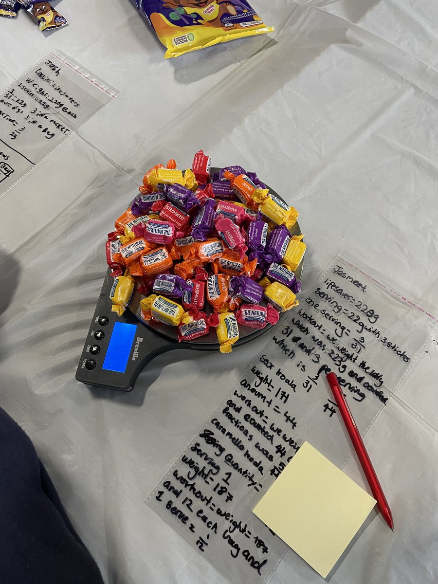 krystal12983615's tweet photo. Continuing with our graduation rich task planning for numeracy. Students explored fractions of a quantity where they weighed items identified serving sizes and represented them as fractions. @AitkenCreekPS @_Mrs_Shah https://t.co/CfaERvrELr