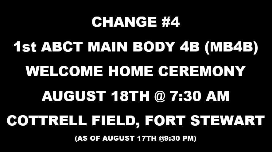 3rd_Infantry's tweet image. CHANGE #4 - Raider 1st Armored Brigade Combat Team, 3rd Infantry Division, 3rd Infantry Division Main Body 4B (MB 4B) Welcome Home Ceremony will be held on August 18th at 7:30 a.m. on Cottrell Field on Fort Stewart.
Updates:
home.army.mil/.../dptms-head…
#RaidersFirst #ROTM