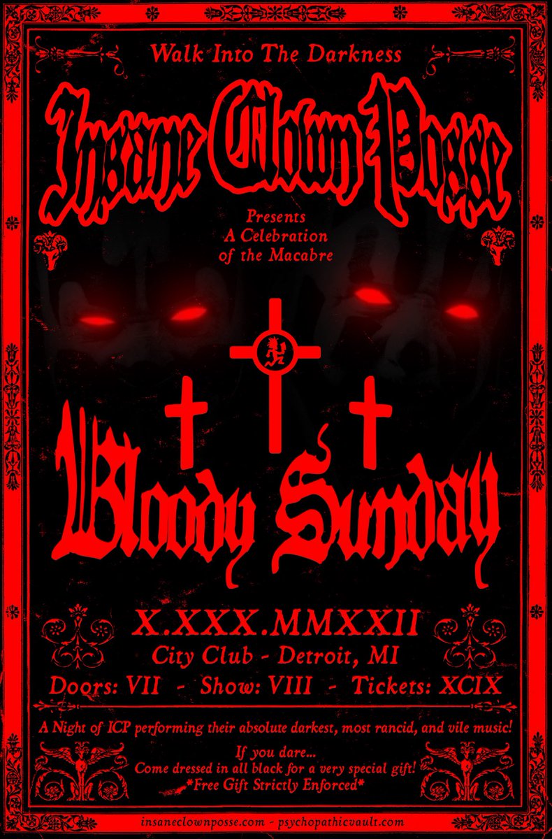 icp's tweet photo. Join us this Sunday October 30th, 2022, live at City Club in Detroit Michigan for a Celebration of the Macabre.
Walk into the Darkness with ICP as they perform their Absolute Darkest, Most Rancid, Most Vile music they've ever created!!! https://t.co/zatnFXuGie