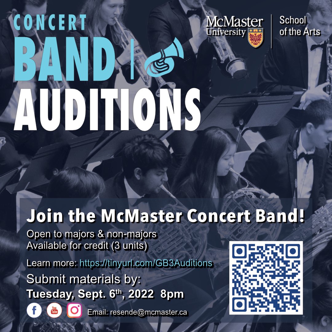 joeres's tweet photo. McMaster University Concert Band Auditions are quickly approaching! Make time to play, and sign up today! @McMasterAlumni @mcmasterhum @McMasterScience @McMasterEng @machealthsci @McMasterSocSci Audition info: https://t.co/AFJOfDOb2b https://t.co/AcwJSDiCHv