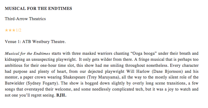 FRINGE REVIEW: MUSICAL FOR THE ENDTIMES (THREE AND A HALF STARS) for this ambitious new musical.

<a href="/edmontonfringe/">Edmonton Fringe</a>
#YEGFringe