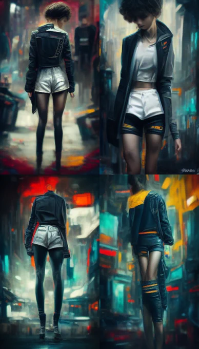 グレーのジャケットと黒いショートパンツを履いた女の子の①背中(back)②脚(legs)③ウエスト(waist)④胸(chest)「首から下のアップの画像」が欲しければ「chest」指定がいいかもしれない。(※なお、「fashion photography」という祈りを加えています)#Midjourney 