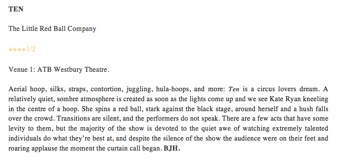 FRINGE REVIEW: TEN (FOUR AND A HALF STARS) for this fantastic circus show from Calgary's Little Red Ball Company

<a href="/edmontonfringe/">Edmonton Fringe</a>
#YEGFringe