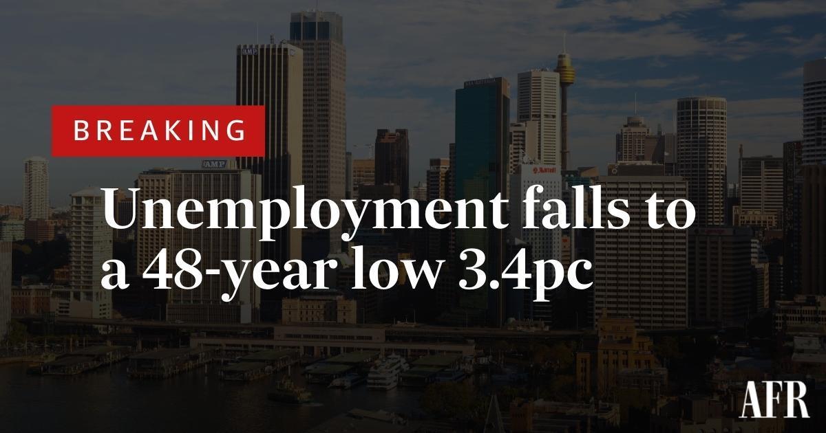 FinancialReview's tweet photo. BREAKING: The jobless rate dropped to 3.4 per cent in July as a further 20,000 people exited the dole queue, and there is now more job vacancies than there are people seeking employment. https://t.co/C5mHWQC5q6 https://t.co/bEtRXb78is