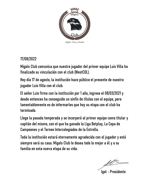 MigolsClub's tweet photo. Comunicado Oficial: Luis Villa @WestCOL_ 🦅 https://t.co/7PhUDq63MM