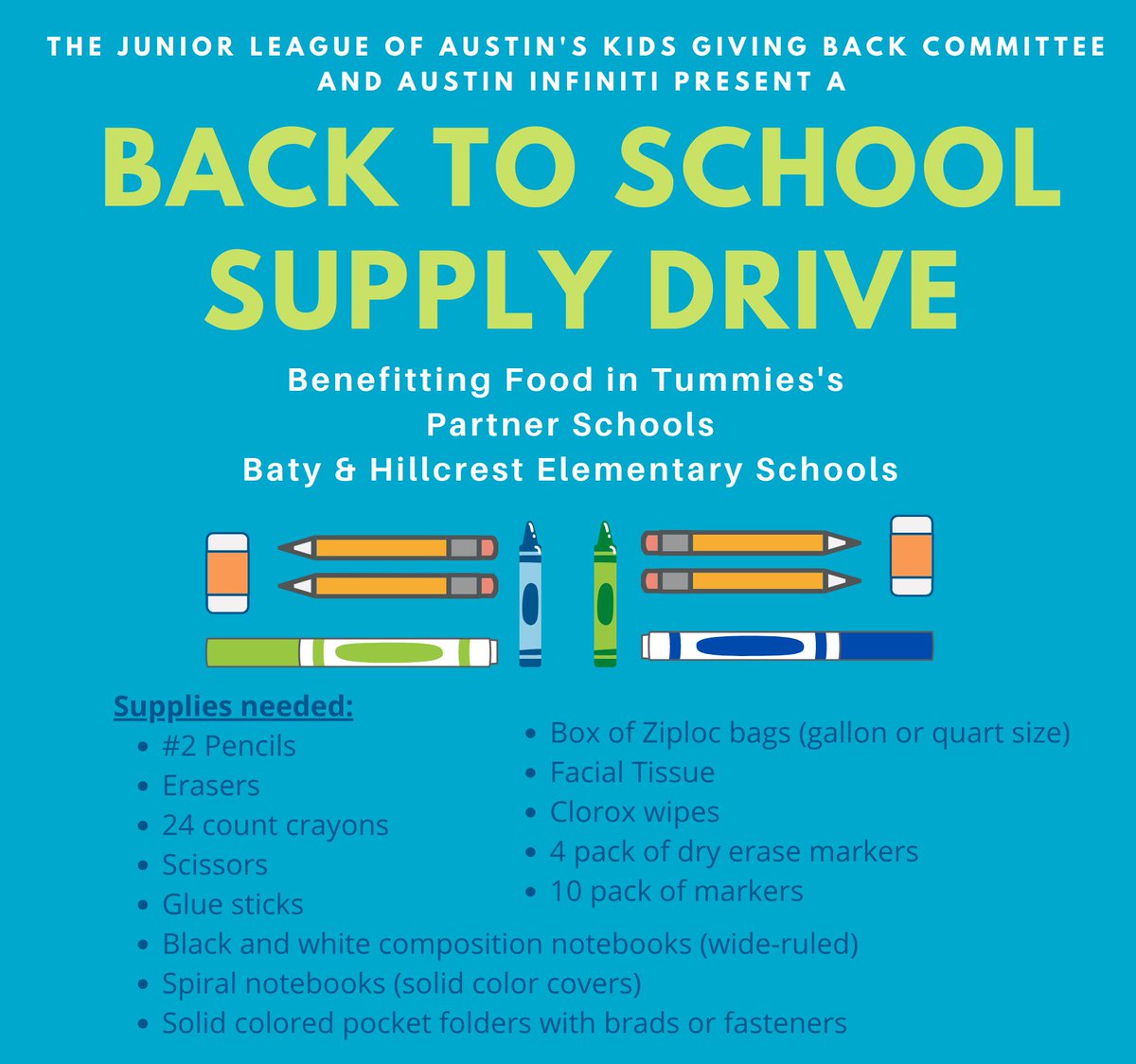Kids Giving Back is partnering with FIT for school supplies for our FIT partner schools in Del Valle. Grab a few supplies and drop of them off either at Austin Infiniti or the Junior League of Austin's Community Impact Center. The final day to drop off supplies is 8/27.