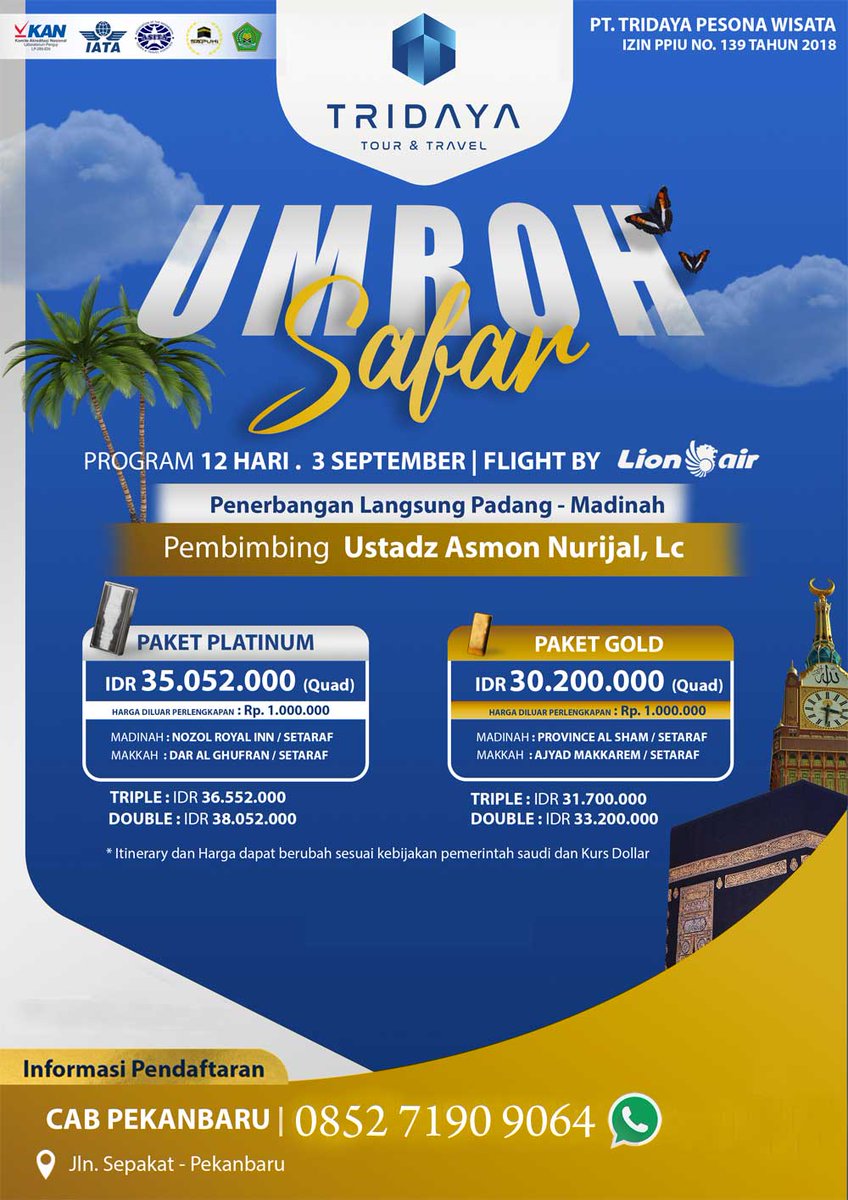 pekanbaru's tweet photo. Alhamdulillah sudah dibuka cabang Tridaya Umroh Pekanbaru, silahkan daftar segera !!!
#umroh #umrah #tridaya #pekanbaru #riau #tridayapekanbaru #tridayaumrah #tridayaumroh #September #September2022 #umrohpekanbaru #umrahpekanbaru
https://t.co/4qJTPyI7TV https://t.co/D8RgWjqZQF