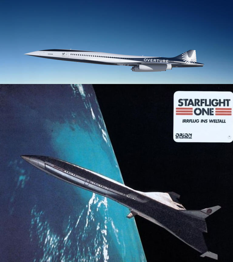 BadBruce's tweet photo. The proposed #Overture, produced by #BoomSupersonic (really?) looks a lot like 1983's #StarflightOne, the worst airplane disaster movie ever made. The similarity is not a good thing (unless #LeeMajors pilots it). https://t.co/5KI08qk3pA