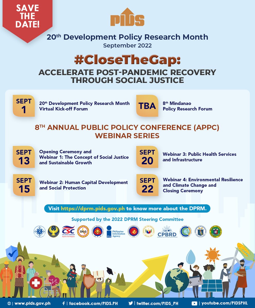 pidsgovph's tweet photo. Join the various Development Policy Research Month (DPRM) activities this September! 

Visit https://t.co/3AtEsDzVlS and https://t.co/gWwyOLi2l1 for more information.

@NEDAhq @BangkoSentral @PHCivilService @DBMgovph @senatePH @PIADesk @DILGPhilippines @DOHgovph @DepEd_PH @CCCPHL https://t.co/nP968hgpoh