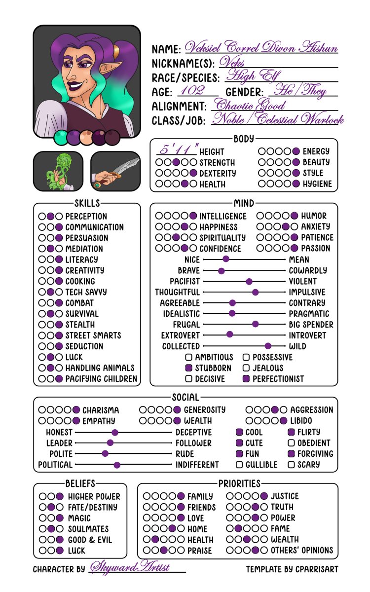SkywardArtist's tweet photo. A fun get to know the character type thing with Veks Aishun. Boi is a bit chaotic. #dnd #dnd5e https://t.co/Qbfht5wkqJ