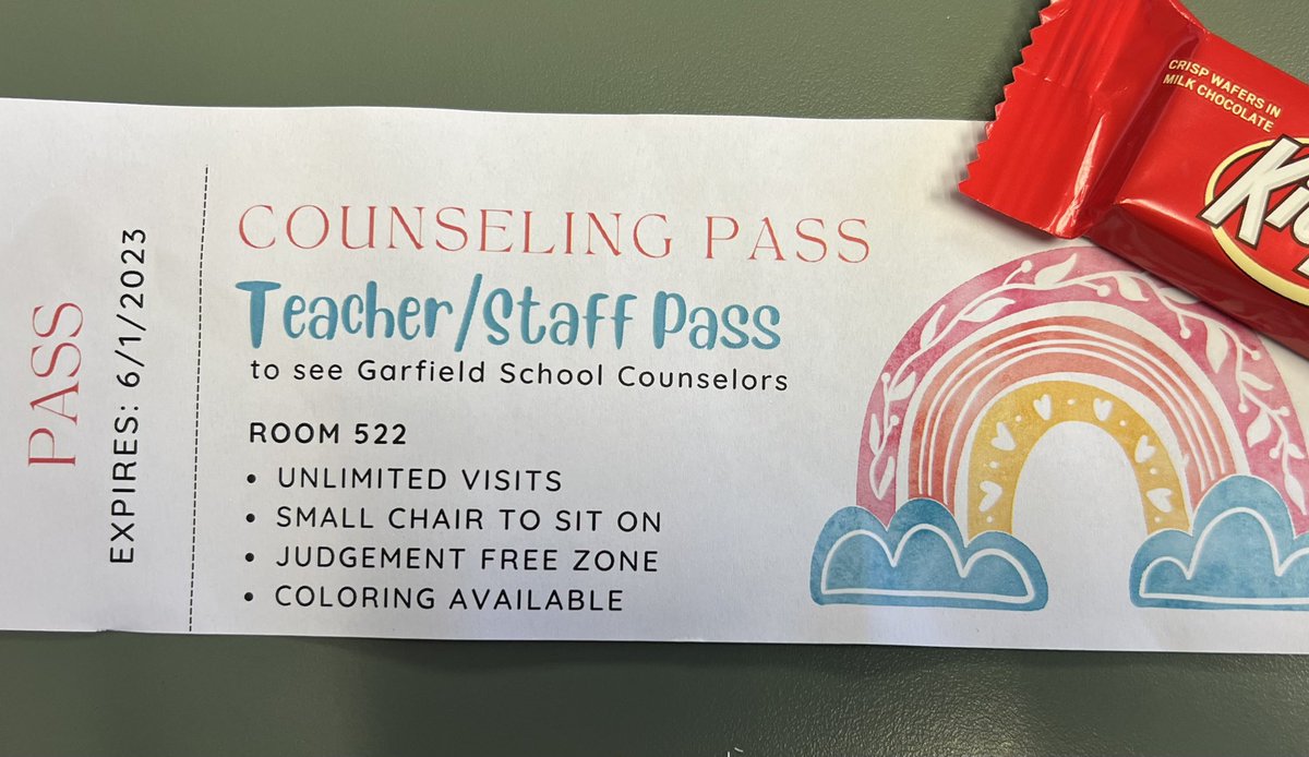 The fabulous <a href="/GatorsSWISH/">Garfield Elementary</a> counselors presented counseling passes along with a #KitKat bar at the staff meeting today. #wearesausd #garfieldproud #bettertogether #sausdstrong