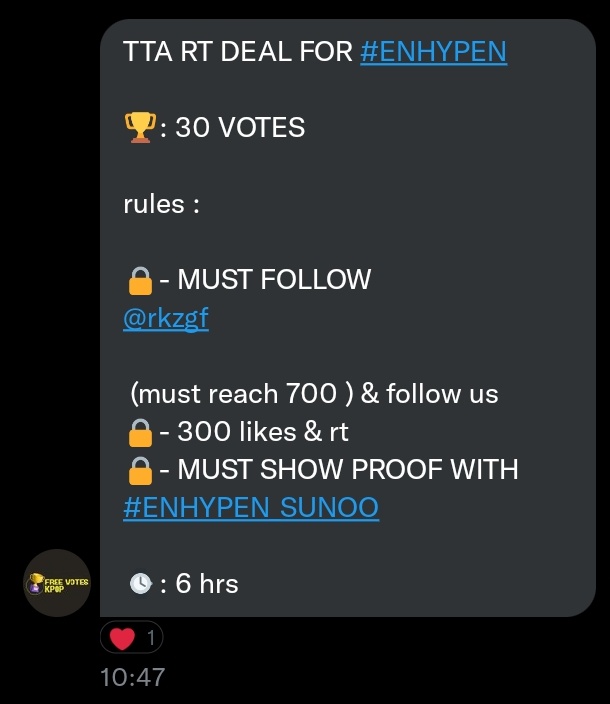 fvrrksn's tweet photo. TTA RT DEAL FOR #ENHYPEN

🏆: 30 VOTES

rules :

🔒- MUST FOLLOW 
@rkzgf

 (must reach 700 ) &amp; follow us 
🔒- 300 likes &amp; rt
🔒- MUST SHOW PROOF WITH #ENHYPEN_SUNOO 

⌚: 6 hrs

#ENFuelUp #ENVOOSTERS https://t.co/0R68dLf2rH