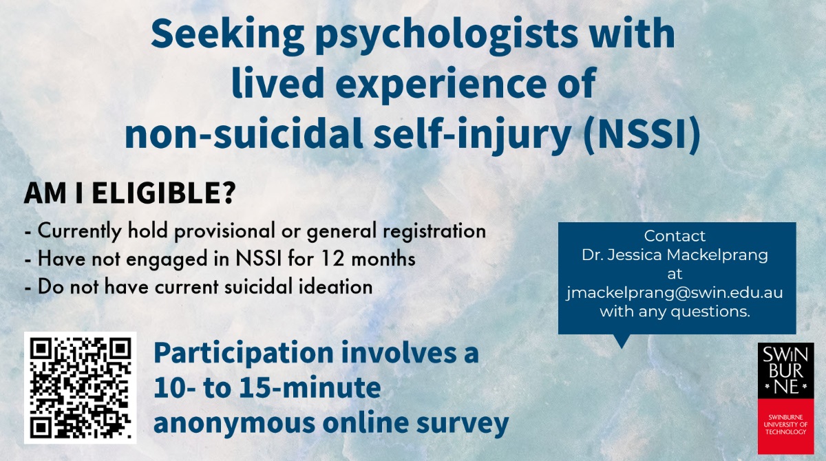 JLMackelprang's tweet image. We are recruiting provisional &amp;amp; registered #psychologists in #Australia who have lived experience of non-suicidal self-injury (#NSSI) to participate in a study about the impact of this experience on training &amp;amp; client work. Plz share! Click to participate: swinuw.au1.qualtrics.com/jfe/form/SV_5n…