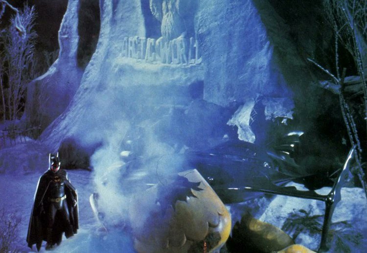 Production Photo from Batman Returns, with Batman Examining The Penguin's now wrecked Duck Vehicle. The Duck had a short but memorable amount of screen time.