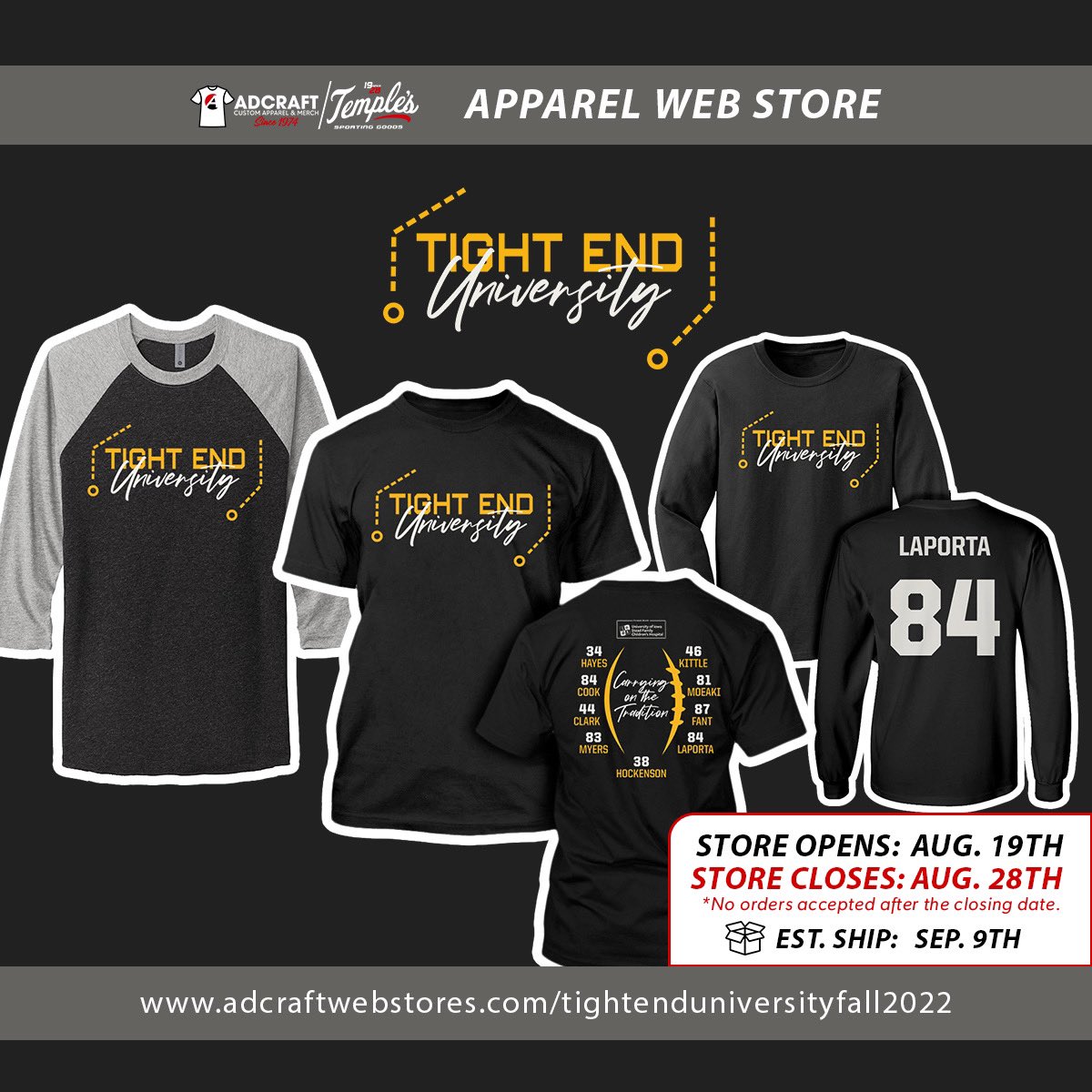 Hey Hawkeye fans! I’ve teamed up with fellow Iowa TE’s to create Tight End Univeristy merchandise in support of the UI Stead Family Children’s hospital. The online store will open this Friday the 19th. 100% of the proceeds will be donated. Thanks for your support! Go hawks!