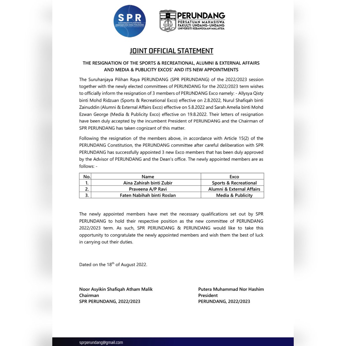 sprperundang's tweet photo. [JOINT OFFICIAL STATEMENT]

THE RESIGNATION OF THE SPORTS &amp; RECREATIONAL, ALUMNI &amp; EXTERNAL AFFAIRS AND MEDIA &amp; PUBLICITY EXCOS' AND ITS NEW APPOINTMENTS https://t.co/7pHM7rcic5