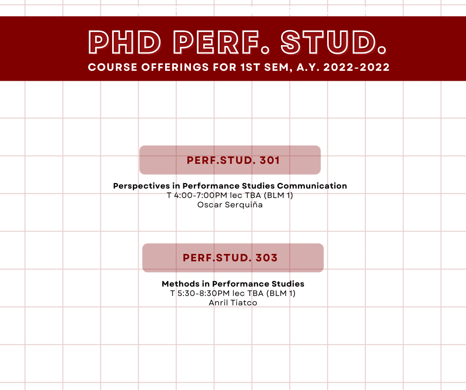 UPDscta's tweet photo. The Department of Speech Communication and Theatre Arts will be offering the following graduate-level courses in the first semester of A.Y. 2022-2023. https://t.co/e5rFw5mX88