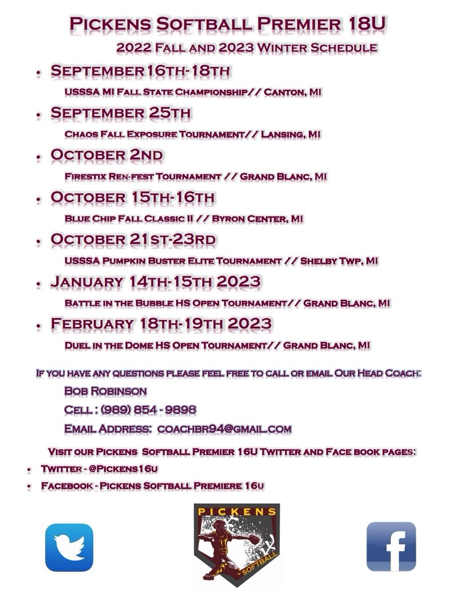 Fall schedule for the Pickens 18u team. 

5 players committed and some good players with offers on the table and others talking to schools.