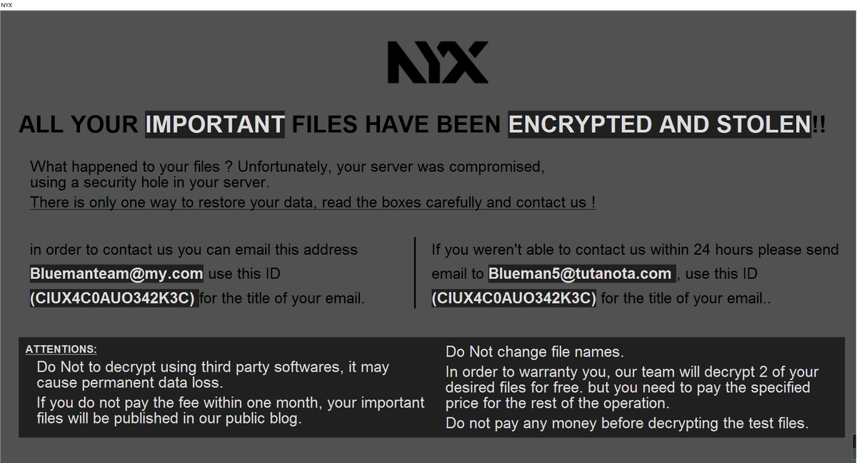 #NYX #ransom 
ext:NYX
mail:Bluemanteam@my.com and Blueman5@tutanota.com 
info:000_NYX_READ_ME3.hta
sample:virustotal.com/gui/file/b4ed2…
<a href="/Amigo_A_/">Amigo-A</a>
