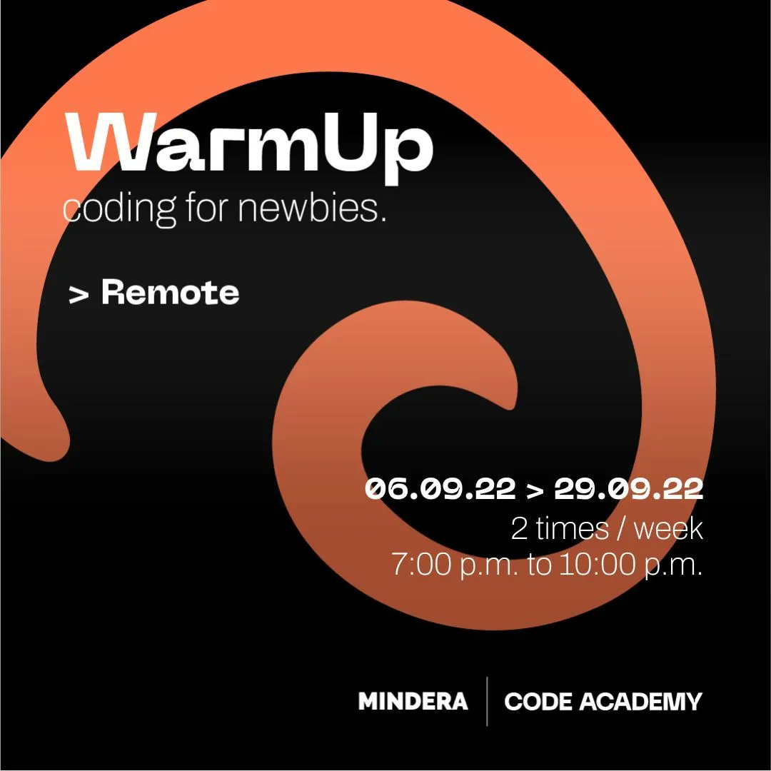 minderaswcraft's tweet photo. Join us on a journey to changing your life! π§
2 days/week, 3h/day for 4 weeks of #remote learning - that's what it takes for your #coding intro!
Apply to the WarmUp here: https://t.co/Y9s9E9AuYu
#MinderaWorld #minderacodeacademy #education #learning #developer https://t.co/W1XFw8KNAO