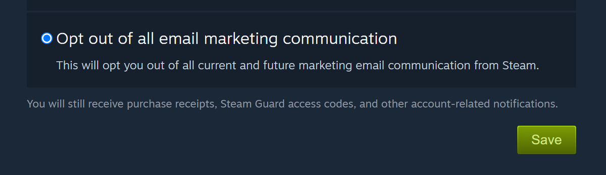 hey <a href="/Steam/">Steam</a>, I really like your store alerts. You force me to unsubscribe because you also email RECEIPTS from the same address and I can't separate the 2 reliably.