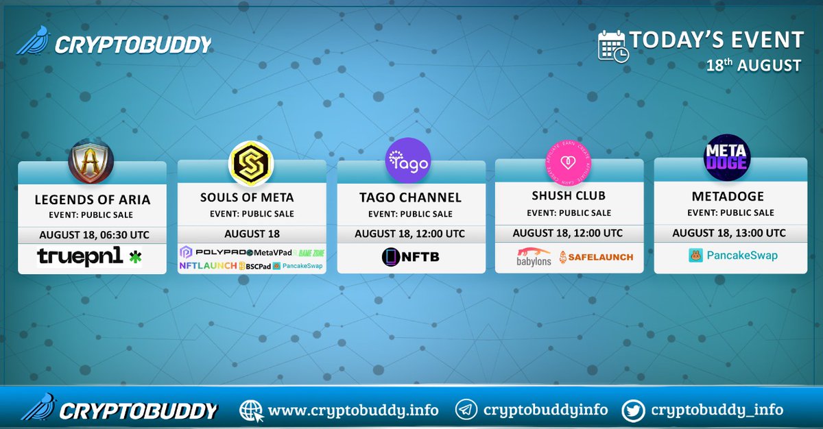 CryptolenzHQ's tweet photo. 📢 Today's Daily Event Announced 🗓 18th August 🚀 

🟢 @LegendsOfAria on @truepnl
🟢 @SoulsOfMeta on @PolyPad_App @MetaVPad @gamezone_app @NFT_LAUNCH @BSCPad @PancakeSwap
🟢 @TagoChannel on @nftbmarket 
🟢 @shush_club on @BabylonsNFT @Safelaunch1
🟢 @MetaDoge_BSC on @PancakeSwap https://t.co/PZXs0n5aKt
