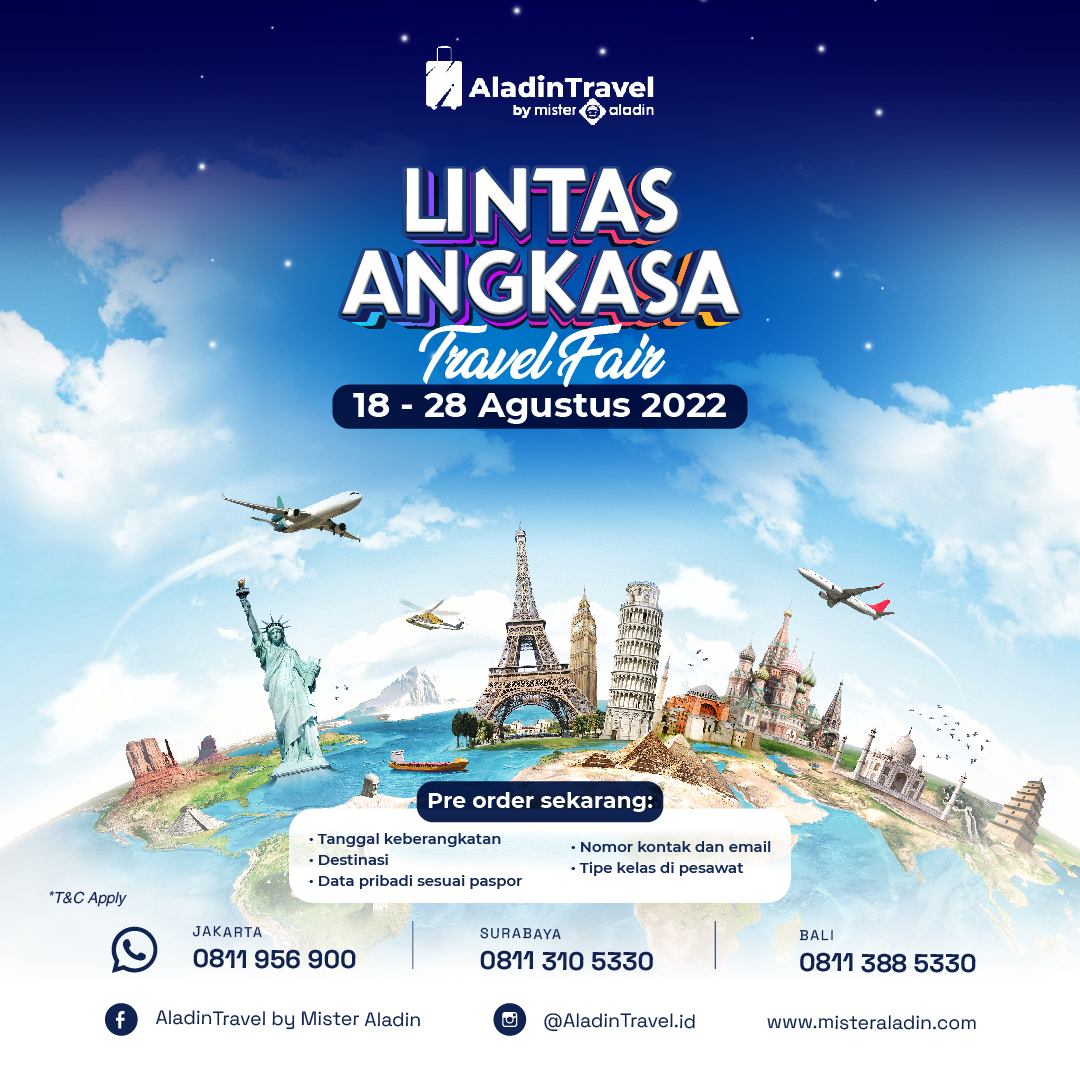 AladinTravelMA's tweet photo. Mau liburan? Ada tiket pesawat murah dari berbagai maskapai di Lintas Angkasa Travel Fair tanggal 18 – 28 Agustus 2022. Tapi pasti gak sabar kan mau dapat tiket? Pre order dari sekarang aja!
 #travelfair #tiketmurah #promo https://t.co/LBw2yLJmdQ