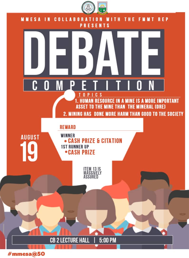 mmesa_umat's tweet photo. MMESA in collaboration with the FMMT Rep presents a debate competition between Mining and Minerals Departments.
π
Date: August 19
β² Time: 17:00 GMT
πVenue: CB 2 Lecture Hall
Come support your department in your numbers.
#MmesaAt50
#Mmesa_Umat
#MiningIsJoy https://t.co/TpwagrSF1V