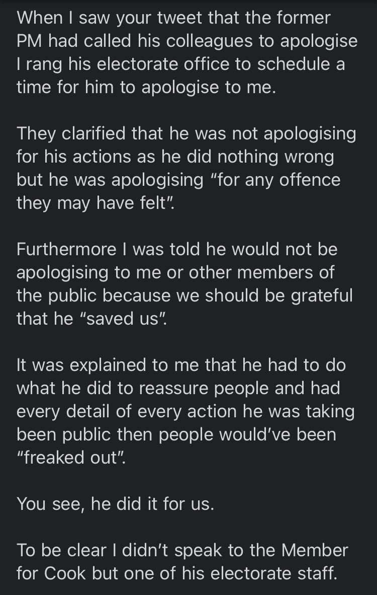 Just got an email from a voter who has called <a href="/ScottMorrisonMP/">Not ScoMo</a> office asking to schedule a time for the former prime minister to offer a personal apology to him as a Australian 🤪