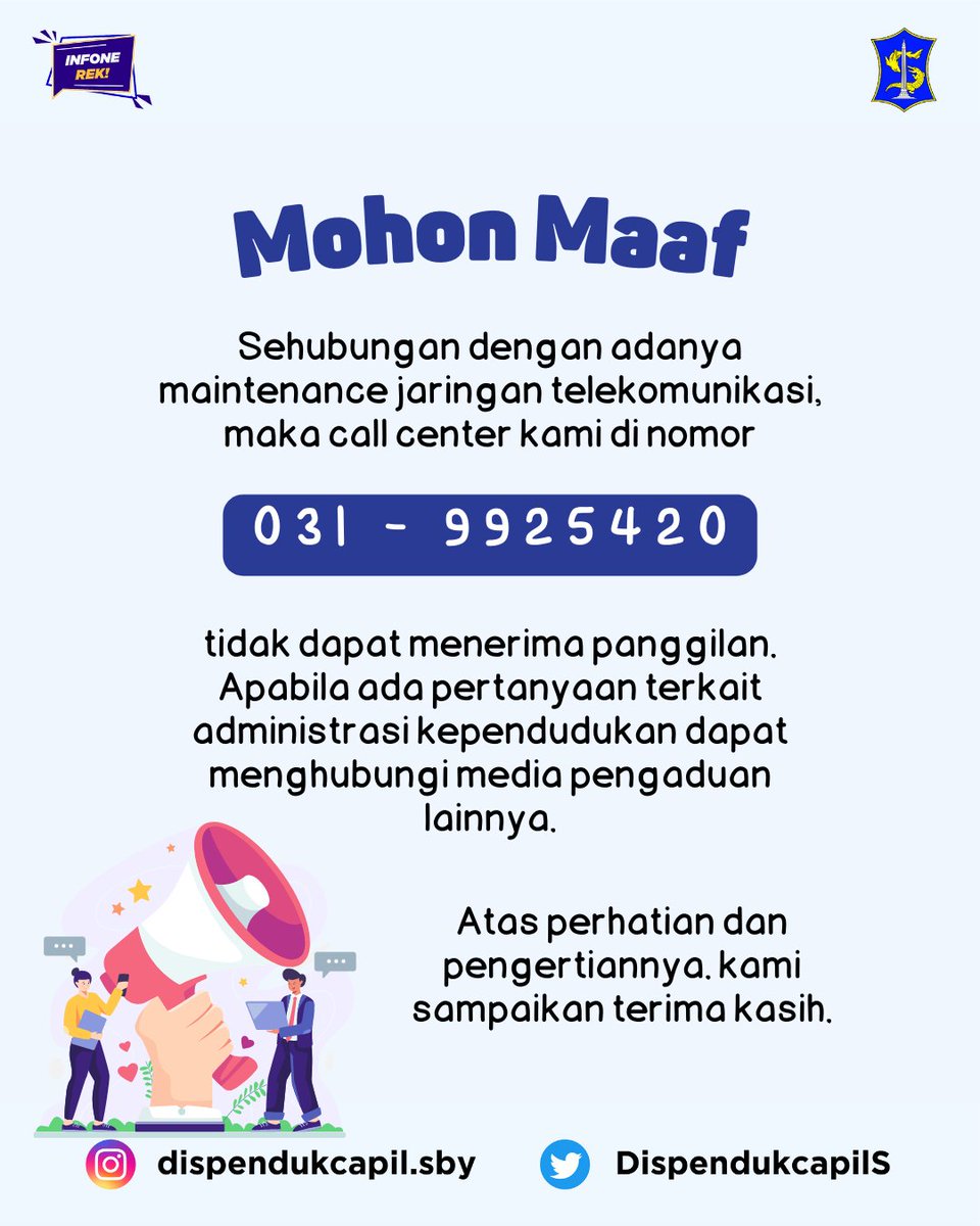 Pengumuman !
Mohon Maaf Sehubungan adanya maintenance jaringan telekomunikasi untuk sementara waktu call center kami tidak dapat menerima panggilan.

Atas perhatian dan pengertiannya. kami sampaikan terima kasih.