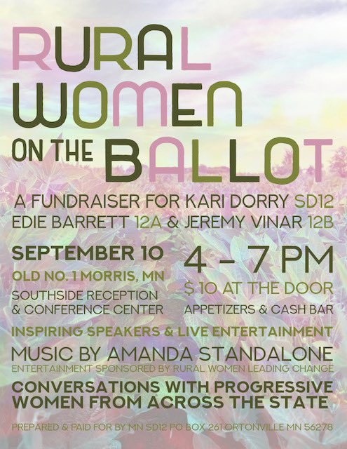 HenningsonKaye's tweet photo. We need this shared far and wide to help #flipMNsenate! Donate, attend, spread the word and let’s elect some RURAL WOMEN! @kenmartin73 @DFL_RuralCaucus @SenateDFL @mnhouseDFL @womenwinning @TinaSmithMN @epmurphymn @peggyflanagan https://t.co/ZJyp8tsxHZ