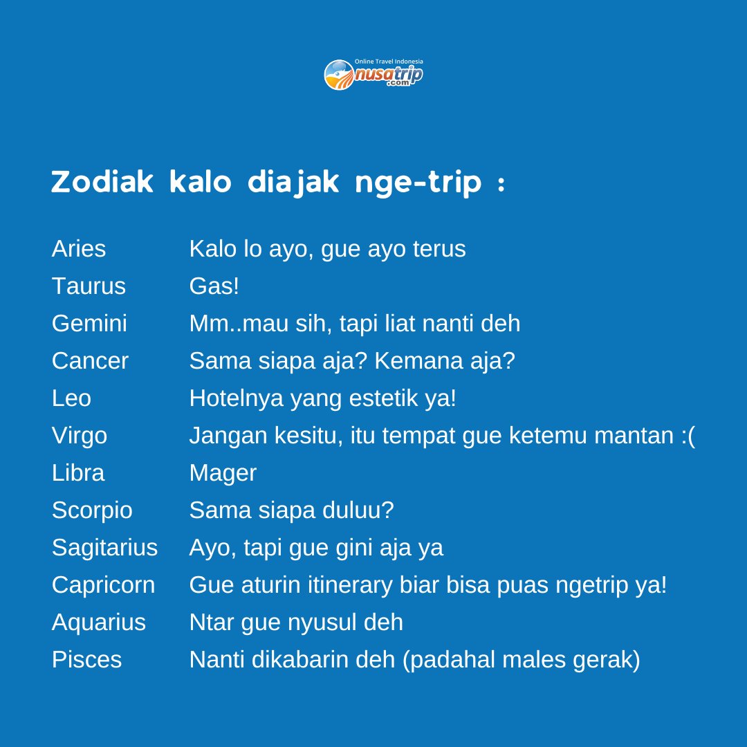 nusatrip's tweet photo. MinTrip jadi mau temenan sama Capricorn deh🤔

BTW, bener gak nih?

#NusaTrip #TripKemanaAjaLetsGo #zodiak #zodiac #travel #Horoscope https://t.co/CcNHlBa0iL