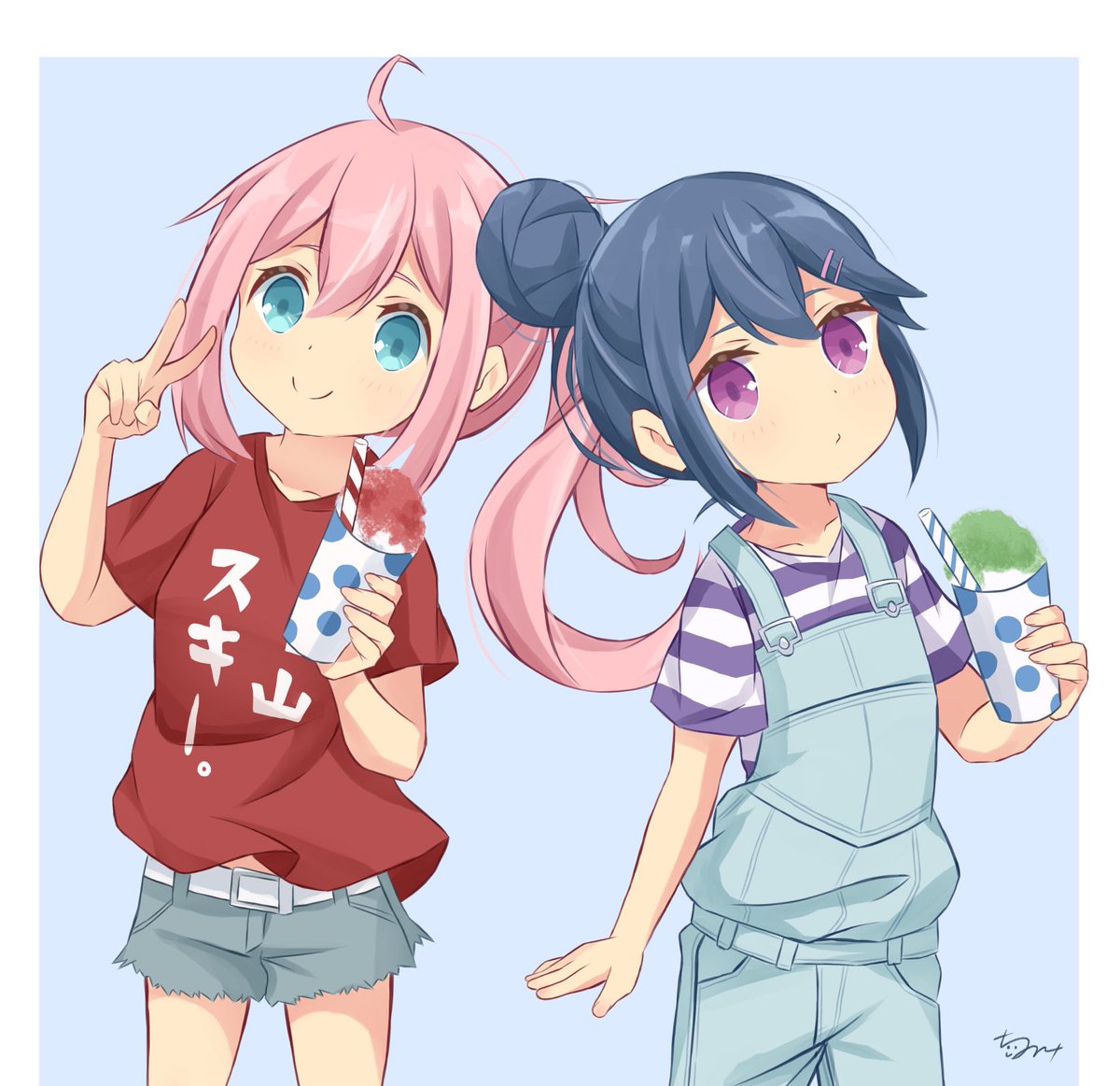 kagamihara nadeshiko ,shima rin multiple girls 2girls hair bun pink hair shirt single hair bun blue hair  illustration images