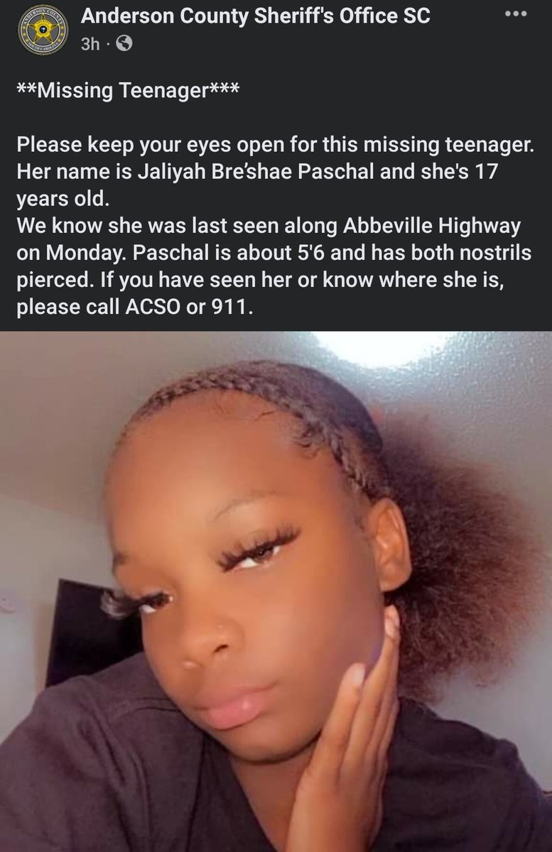 ***PLEASE RT*** 17 year old Jaliyah Bre’shae Paschal from Anderson SC is missing. She was last seen along Abbeville Highway on Monday. Please help find spread the word &amp; find Jaliyah. 
#truecrimecommunity #MissingPerson #truecrime #missingpersons