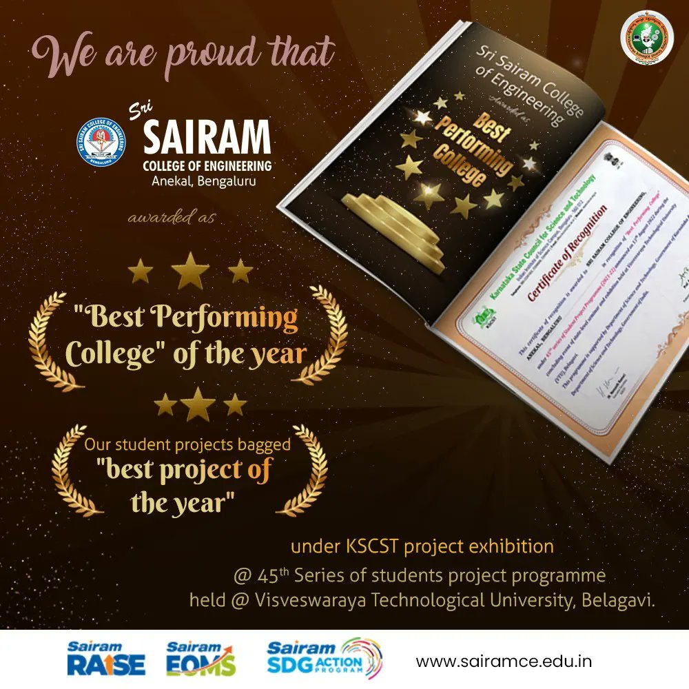 SairamBengaluru's tweet photo. We are proud that @SairamBengaluru awarded as best #PerformingCollege of the year & 3 projects got #Bestproject of the year under #KSCST project exhibition at 45th students project program held at @vtuinfo Belagavi.
#SairamInstitutions #SairamRAISE #SairamEOMS #SairamEngg https://t.co/5P4AtYNrYw