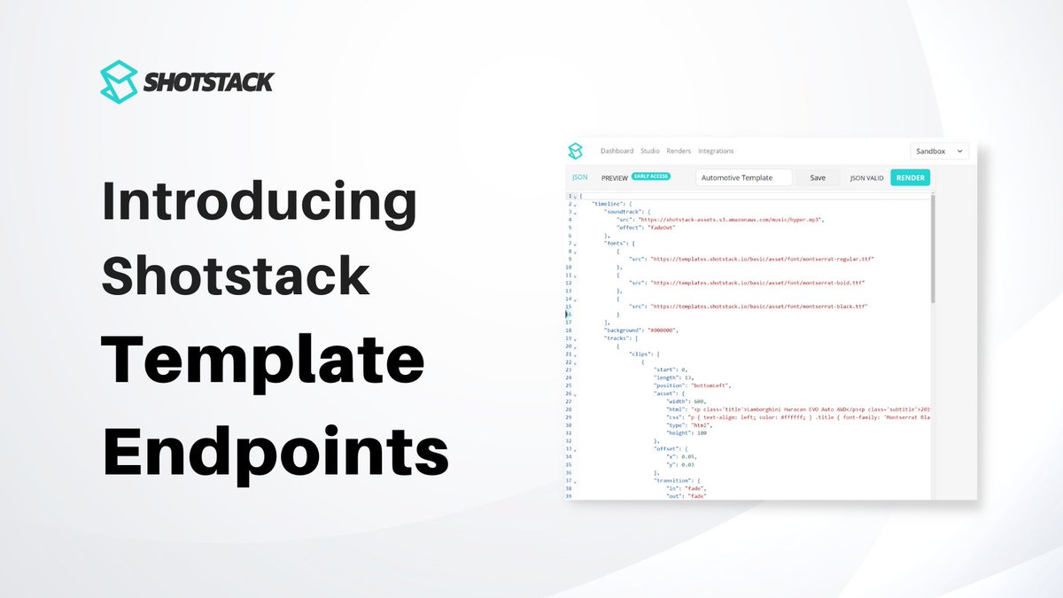 ShotstackAPI's tweet image. Template API endpoint is now available in Shotstack 🎉

Creating video automation workflows is now much faster. 

Learn more▶️ shotstack.io/learn/use-dyna…

#VideoEditing #programmaticvideo #automation